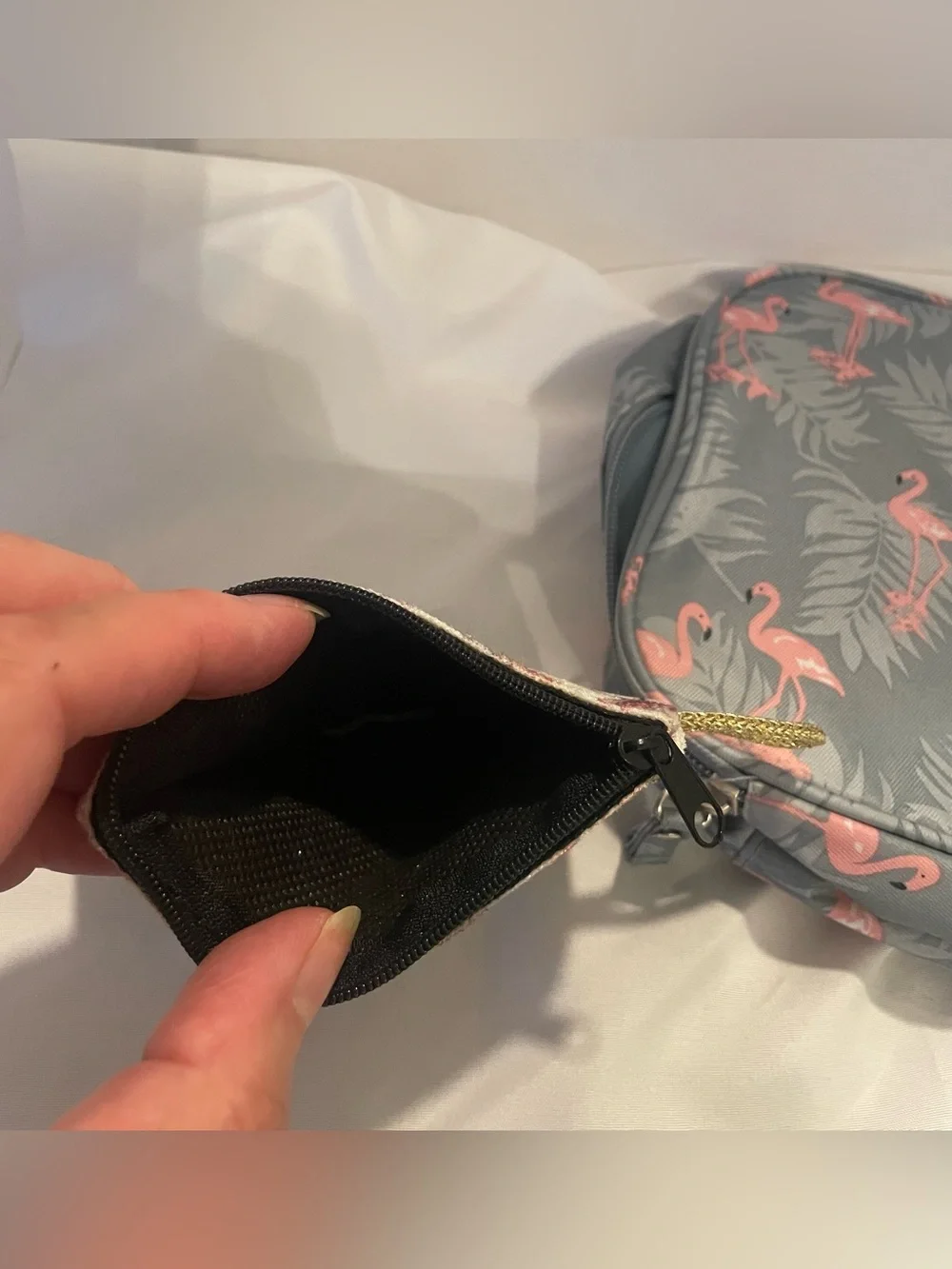 Flamingo print travel toiletry/cosmetic bag + matching small wristlet pouch set.